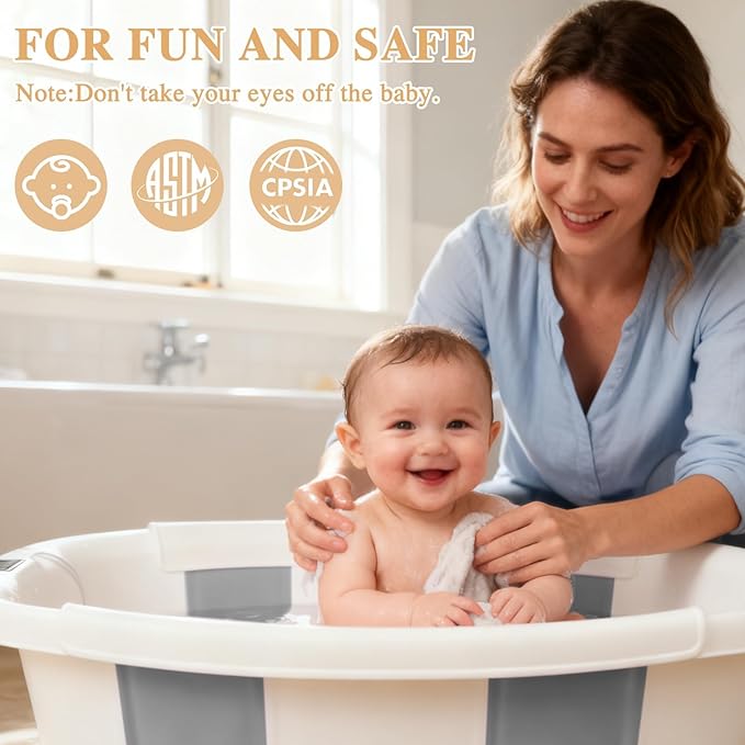 Baby Bathtub, Baby Bath Tub with Thermometer & Soft Cushion, Collapsible Infant Bathtub for Newborn to Toddler 0-36 Months, Quick Use & Portable for Travel(Grey)