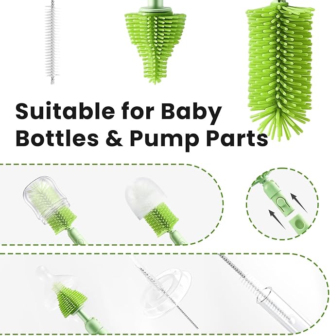 LEQXGO Travel Baby Bottle Cleaner Kit with Storage Case, 7-in-1 Baby Bottle Brush Set with Drying Rack for Breast Pump Parts, Bottle Washing Kit - Baby Travel Essential for Flying & On-the-Go (Green)