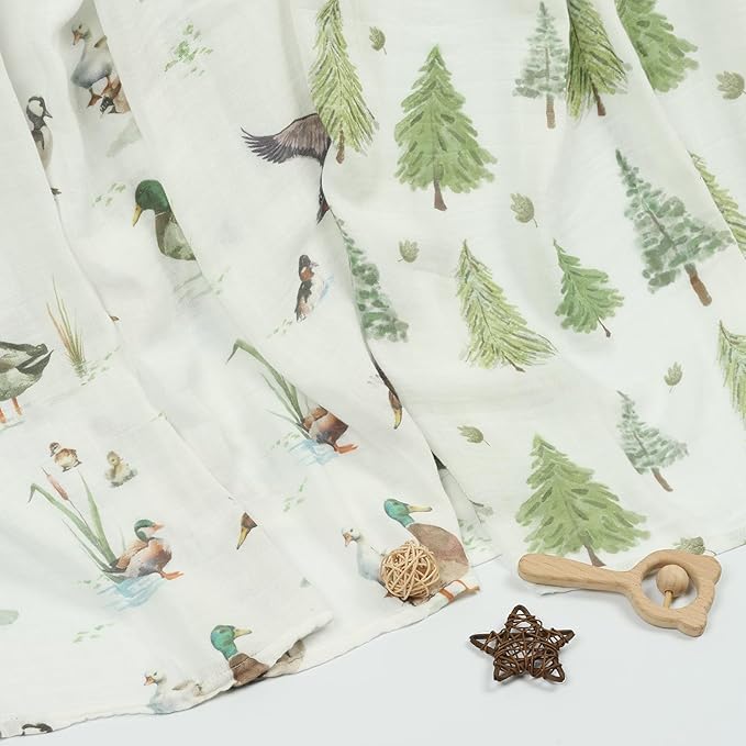 Muslin Swaddle Blankets Neutral - Soft 47x47 Inch Baby Swaddle Wrap & Nursery Receiving Blanket, Mallard Duck/Woodland - Breathable 70% Bamboo Viscose & 30% Cotton