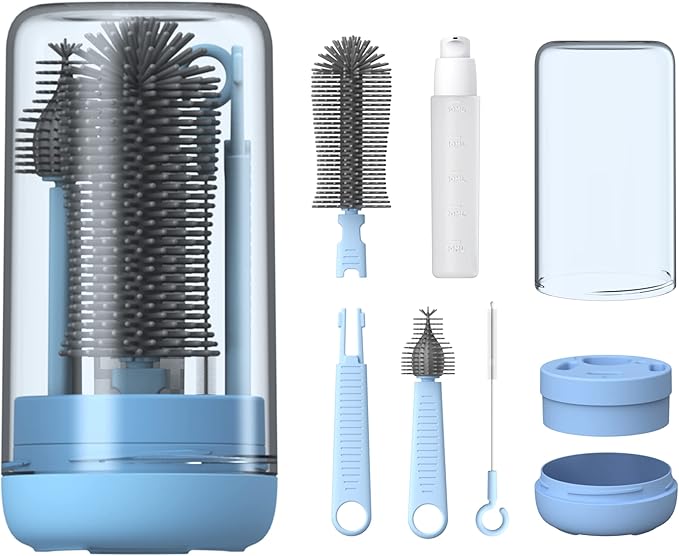 YOTIME Baby Bottle Brush, Travel Bottle Cleaner Kit with Extendable Silicone Bottle Brush, Nipple Cleaner Brush, Straw Brush, Soap Dispenser, Dust Cap and Stand, Blue