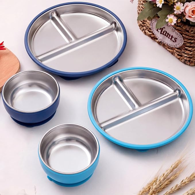Havawish 4 Pcs Stainless Steel Baby Plate and Bowl with Suction, 8.3" Kid Divided Plate 4" Toddler Bowl with Removable Silicone, BPA-free Non-slip Baby Feed Set Dishwasher Safe for Boy Girl (Teal)