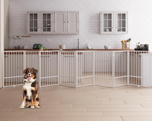 8 Panels Full Metal Freestanding Dog Gates with Door, 160” W x 36” H Folding Pet Gate Fence with Support Feet for Indoor,Stairs, Hallways and Doorways(White)