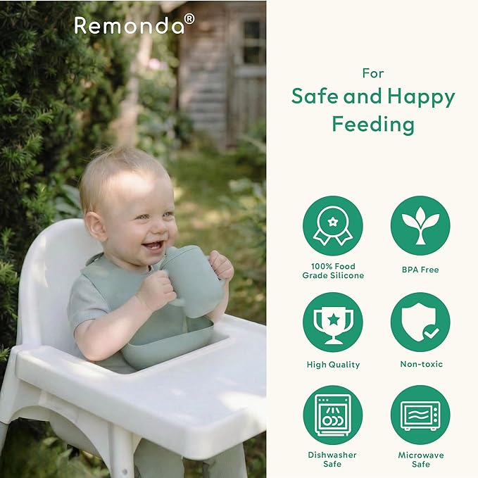 Remonda 15-Piece BPA-Free Baby Silicone Feeding Set | Extra Large Suction Plates, Toddler Bowls, Self Feeding Spoons, and More | Dishwasher Safe| Infant Led Weaning Supplies (Green)