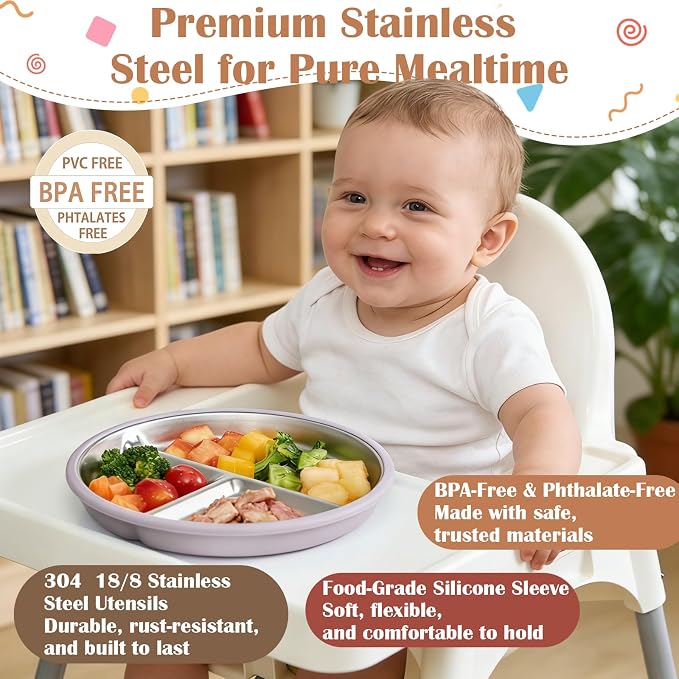 Personalized 3-Piece Personalized Stainless Steel Baby Divided Plates with Suction & Silicone Sleeve, Ideal for Showers & Birthdays,Baby Led Weaning Supplies, Dishwasher Safe (Pink Beige Purple)