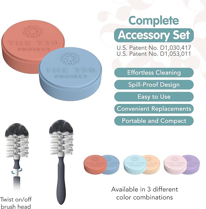 The 730 Project Honey Bear Cup Accessory Pack, 4 Straws and 2 Travel Lids for Honey Bear Straw Cup for Babies with Bottle Brush and Straw Cleaner Brush (Blue)