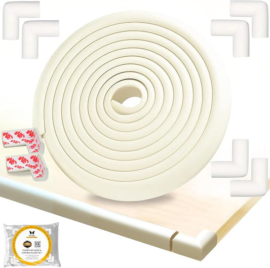 Table Edge Protector for Baby Proofing (18ft Edge & 8 Corners) Baby Proof Corners and Edges Guard, Soft NBR Rubber Foam 3M Adhesive, Furniture Corner & Edge Safety Bumpers for Table & Fireplace-White