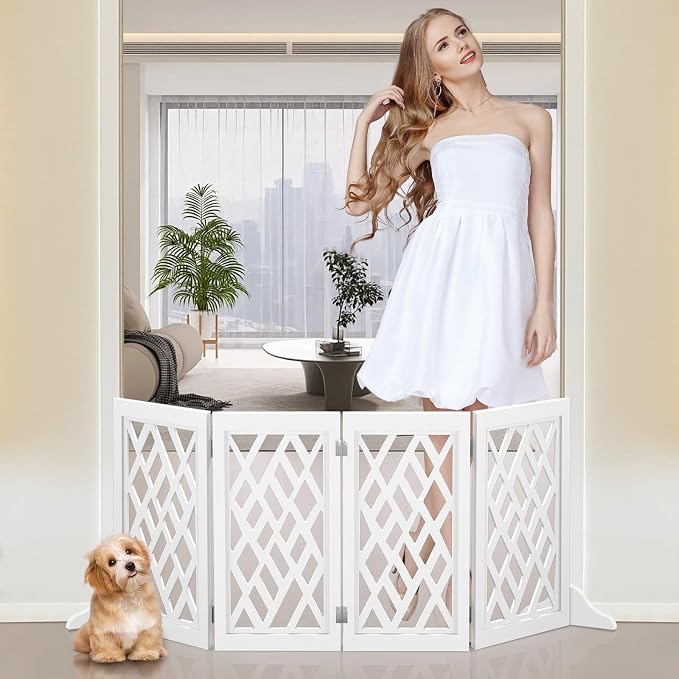Cut-Out Design 23" Dog Gate Retractable Stair Gate Foldable Puppy Gate Indoor - Freestanding Lightweight Pet Barrier for Doorways, Stairs, Hallways (Extends to 41", White)