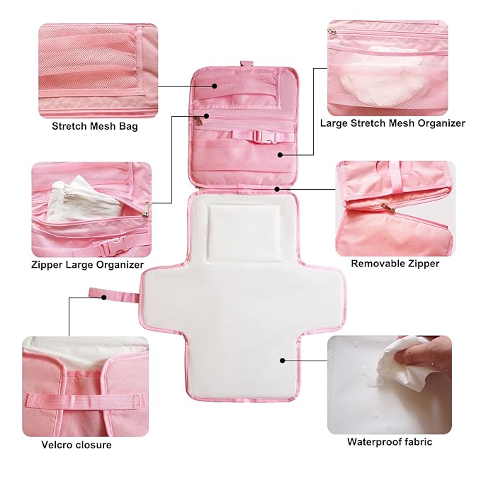 Portable Changing Pad for Baby, Travel Diaper Changing Pad for Newborn, Waterproof Baby Changing Mat, Foldable & Detachable Diaper Changing Station with Baby Wipes Pockets(Pink)