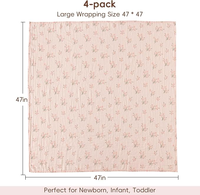 david's kids 4 Pack Baby Muslin Swaddle Blankets, 100% Cotton and Ultra Soft Breathable Receiving Blanket Wrap for Girls, New Born Essentials, Large 47 x 47 inches, Animals & Floral