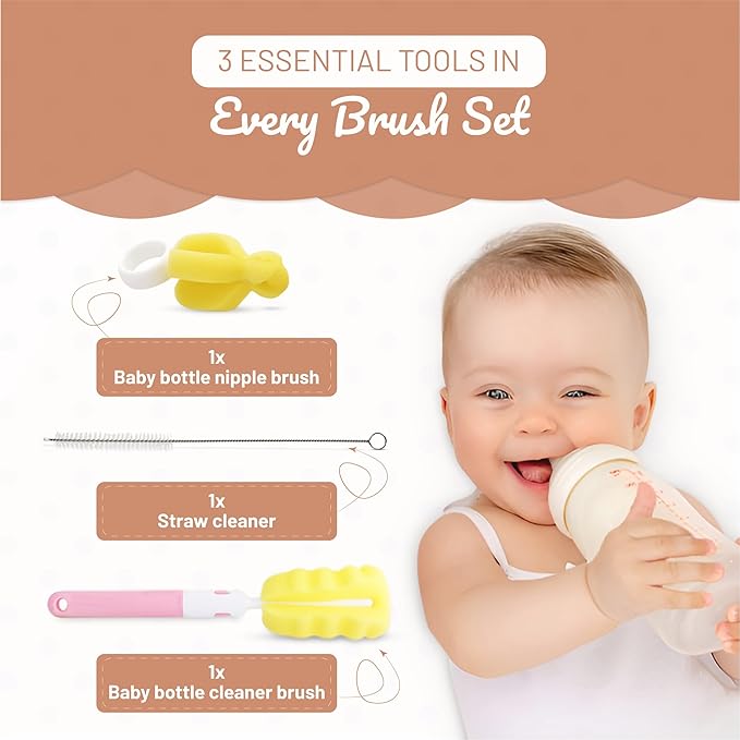 MoomooBaby Triple Baby Bottle Cleaner Brush Set - Includes Baby Bottle Brush Cleaner, Nipple Brush & Straw Cleaning Brush - Eco-Conscious Plastic Handle with Non-Slip Grip, Replaceable Sponges - Blue