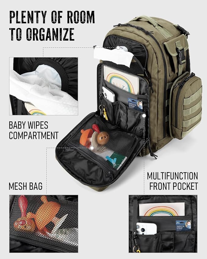 Dinictis Dad Diaper Bag, Mens Diaper Bag Backpack with Diaper Changing Mat, Military Diaper Backpack with Molle Webbing, Waterproof Pouch, Baby Wipes pocket, Insulated Bottle Pockets- Jungle Green