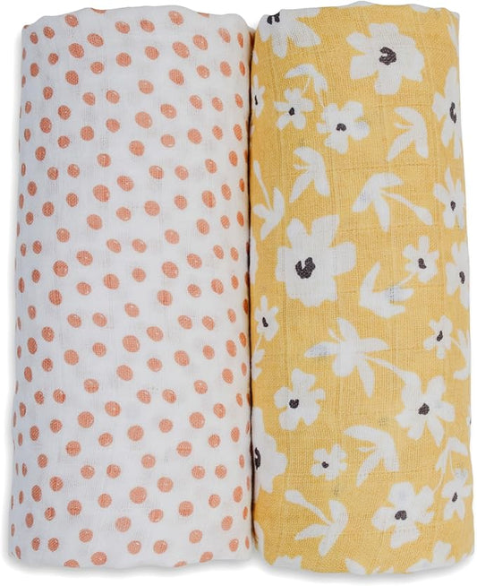 Lulujo Baby Swaddle Blankets | Unisex Softest Breathable Cotton Muslin Swaddle Blanket Set | Neutral Receiving Blanket for Girls & Boys | 40in x 40in | Yellow Wildflowers & Dots | 2-Count