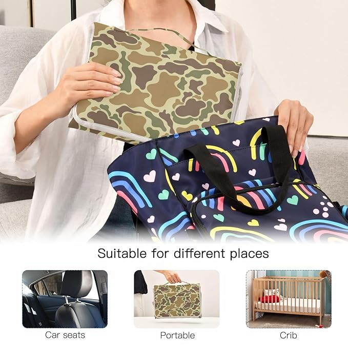 Camouflage Portable Diaper Changing Pad with Wipes Holder, Vintage Camo Green Foldable Baby Diaper Changer Travel Bag Retro Brown Army Baby Changing Mat with Built-in Pillow for Newborn