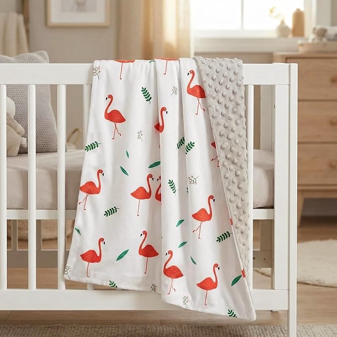 Flamingo Minky Baby Blanket for Boys Girls, Soft Receiving Blanket with Double Layer Dotted Backing for Nursery Newborn Toddler 29.5 x 39.3 Inch
