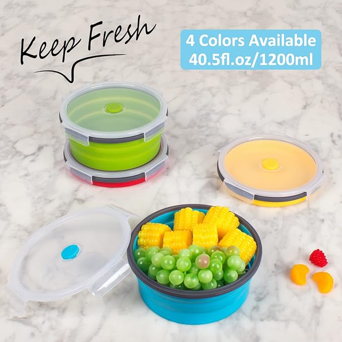 Collapsible Food Storage Containers with Airtight Lid, 40.5 oz, Kitchen Stacking Silicone Collapsible Meal Prep Container Set for Leftover, Microwave Freezer Dishwasher Safe, 4 Colors Round, Set of 4