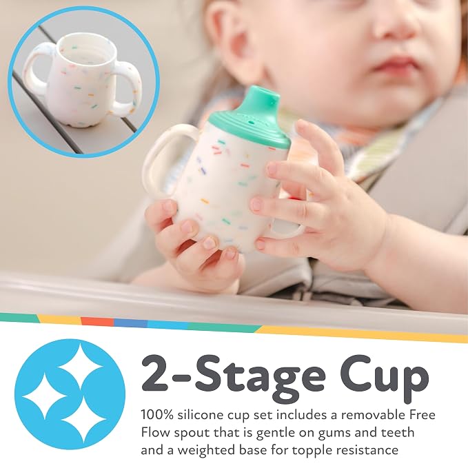 Nuby First Training Cup - Silicone Cup with Free-Flow Spout and Easy-Grip Design - 2 oz - 6+ Months - Purple and Pink