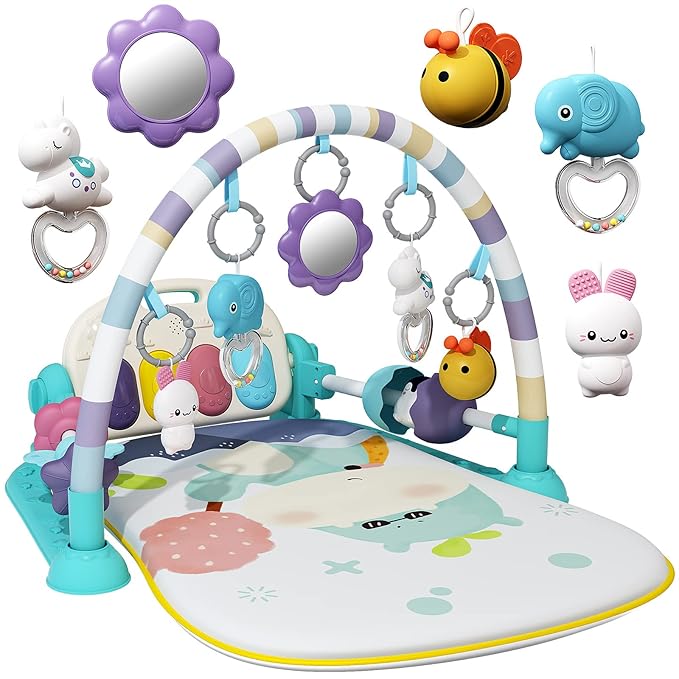 Jovow Baby Gym with Musical Piano,Baby Play Mat Tummy Time Baby Activity Gym Mat with 5 Infant Learning Sensory for Baby, Music and Lights Boy or Girl for Newborn (Green)