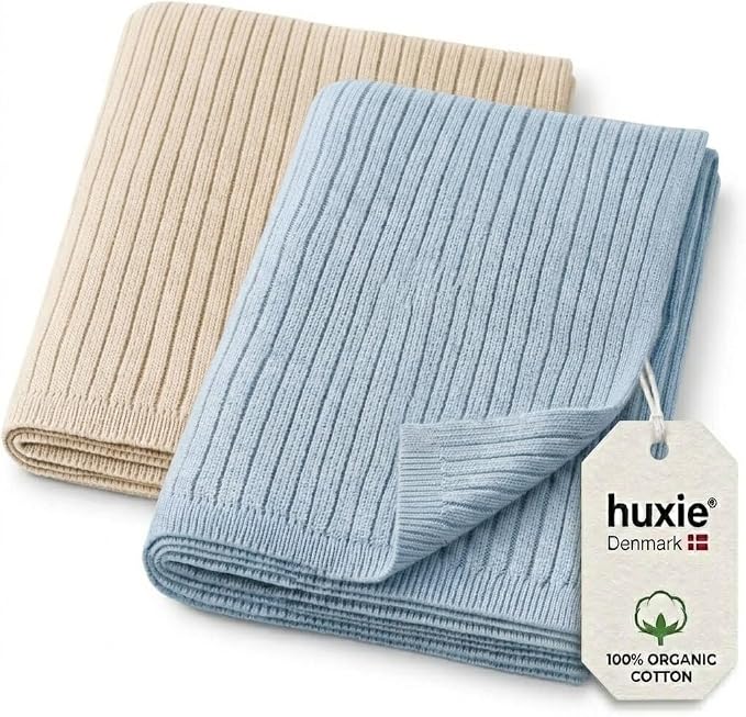 100% Organic Cotton Knit Receiving Baby Boy Blanket for Newborns - Soft, Breathable Swaddle Blanket for Crib & Stroller - Nursery Gift 2-Pack (Ribbed Fog/Baby Blue).