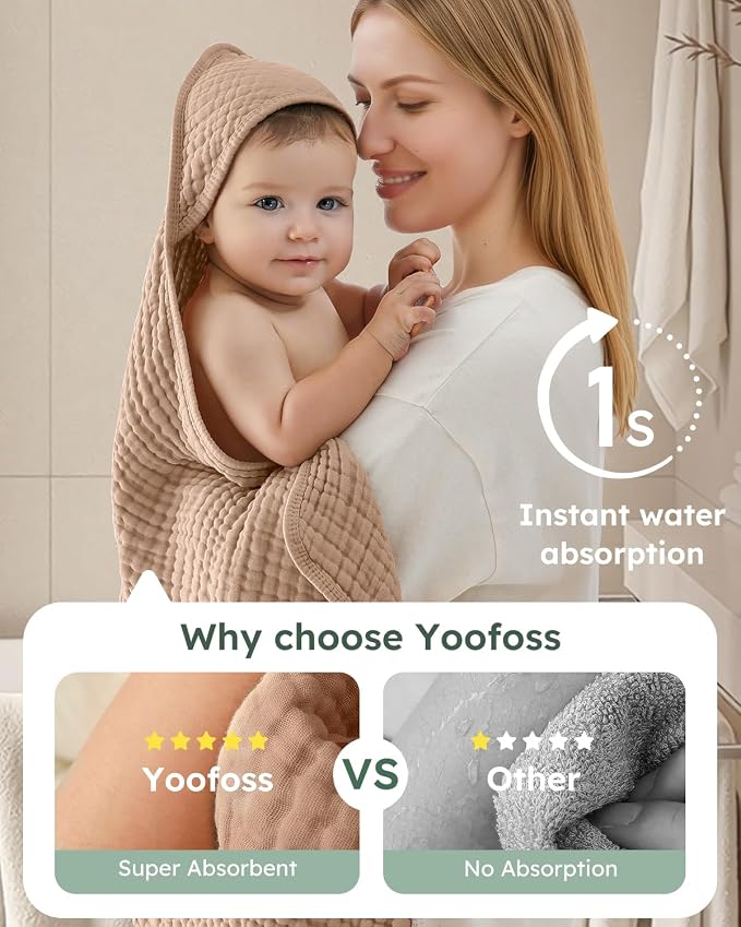 Yoofoss Hooded Baby Towels for Newborn 2 Pack 100% Muslin Organic Cotton Baby Bath Towel with Hood for Babies, Infant, Toddler and Kids, Large 32x32Inch, Soft and Absorbent Newborn Essential