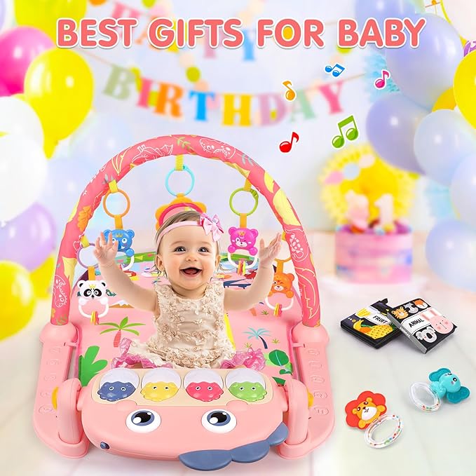 UMIKU Baby Play Mat Baby Tummy Time Mat Infant Newborn Musical Activity Center with High-Contrast Piano Music & Light Newborn Babies Gift for Girl Boy Babies 0-6 6-12 Month Pink Dinosaur