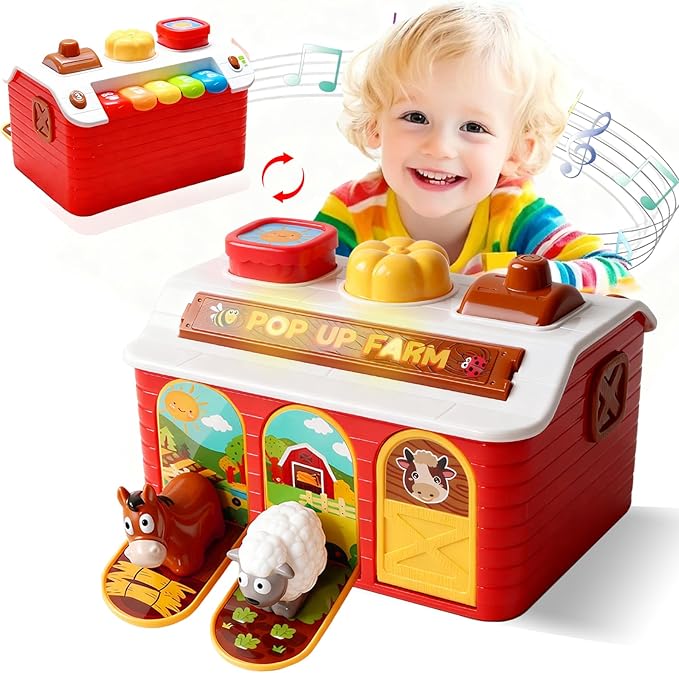 Interactive Pop up Farm Animal Toys with Music & Light & Piano, Montessori Cause and Effect Toys for 1 Year Old Boy, Toddler Early Learning Toys, Birthday Gifts for Baby Infant Toy 12-18 Months