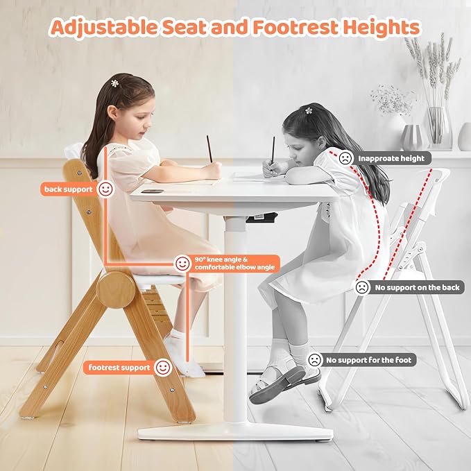 Ezebaby Foldable Wooden High Chair, No-Tools Adjustable Baby High Chair for Toddlers to Adult, Space-Saving Space Highchairs with Double Tray & Washable Cushion (Modern White)