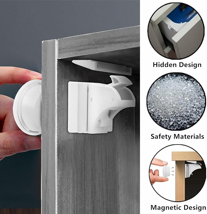 Child Safety Magnetic Cabinet Locks, Adhesive Magnetic Baby Proofing Cabinets & Drawers Latches (4 Locks + 1 Key)