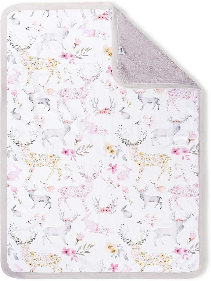 Oilo Baby Blanket, Luxury Soft Plush Chenille Backing & Organic Cotton Jersey Print, Double Layered, 30" x 40", Rolled Jersey Edge Trim, Machine Washable, Perfect for Infant or Toddlers, Woodland Fawn