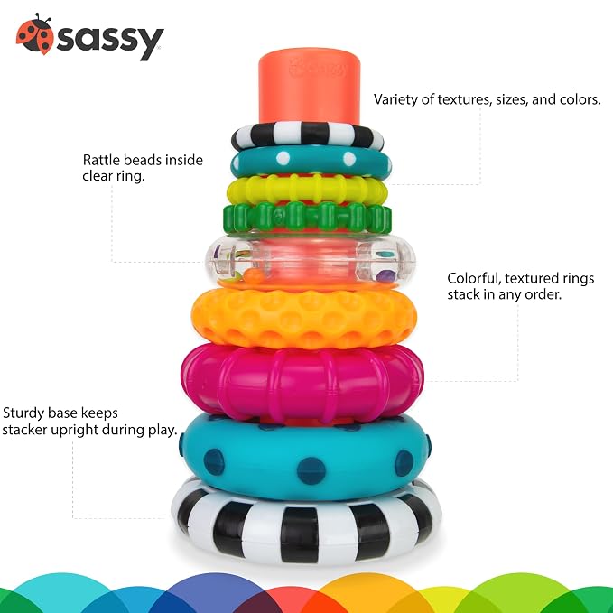 Sassy Reversible Soft Sensory Activity Panels, 4Count, Ages 0+ & Stacks of Circles Stacking Ring STEM Learning Toy, Age 6+ Months, Multi, 9 Piece Set