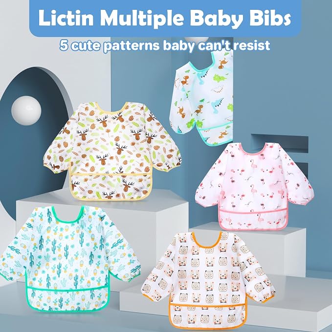 Lictin Long Sleeve Bibs 5 Pack - Baby Bibs for Girl or Boy, Reusable Infant for Feeding Teething or Weaning