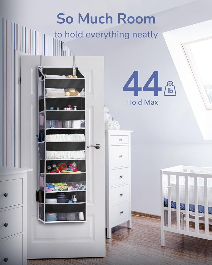 ULG 1 Pack Over The Door Organizer ??5 Shelf Door Organizer Hanging & 10 Side Pockets, Reinforced 44LB Capacity Hanging Organizer, Behind The Door Storage for Bedroom, Nursery, Pantry (Black)