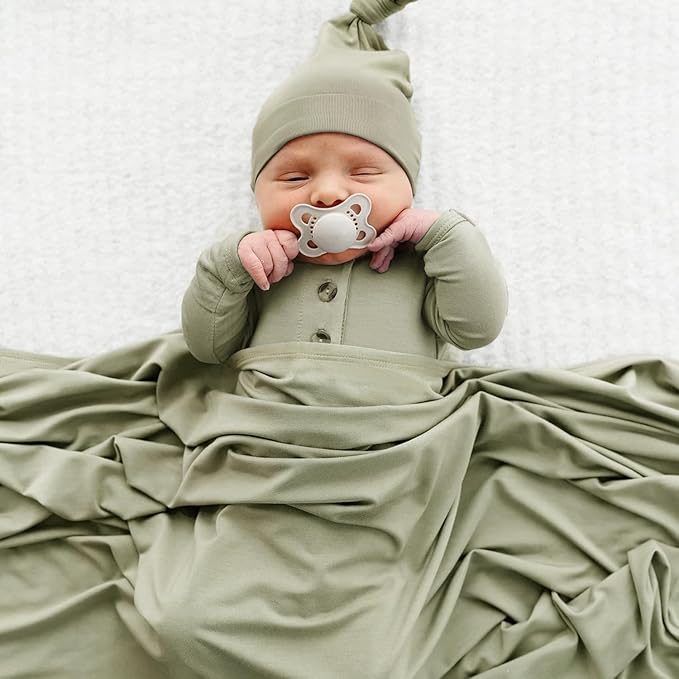 GRSSDER Newborn Swaddle Blanket, Ultra Soft Jersey Receiving Blanket with Matching Headband and Beanie Set, 47×47" Extra Large Nursery Swaddle Wrap for Girls and Boys