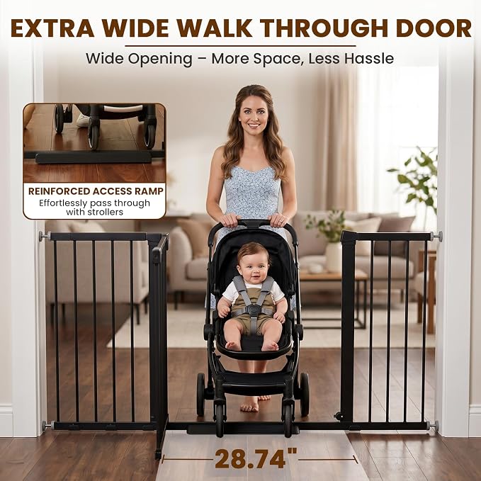 Mumeasy Extra Wide Baby Gate for Doorways, 36-63" Walk Thru Dog Gate with Auto Close Dual Swing for Stairs & Hallways, Easy Install Pressure Mounted Child Safety Gate for Toddlers & Pets Indoor, Black