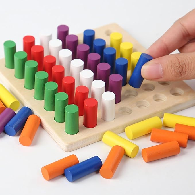 Montessori Wooden Cylindrical Peg Board Toy, Color Recognition, Fine Motor Development