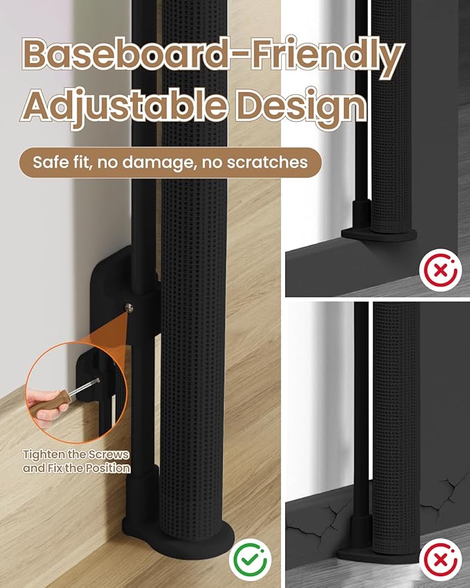 Mesh Dog Gate 71" Wide 34" Tall, Retractable Gate for Dogs with Reinforced Rod Design, One-Hand Operation, Mesh Pet Gate Fits Over Baseboards for Indoor Use, Black