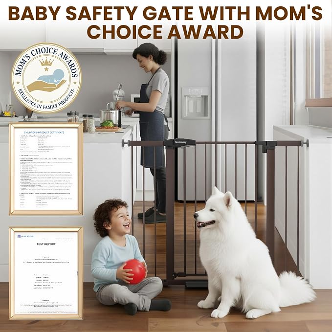 Mumeasy 36" Extra Tall Dog Gate, Auto Close Baby Gate for Stairs Doorways, 29.7-46" Wide Walk Thru Child Safety Gate for House, Easy Install Pressure Mounted Metal Pet Gate with Door, Brown