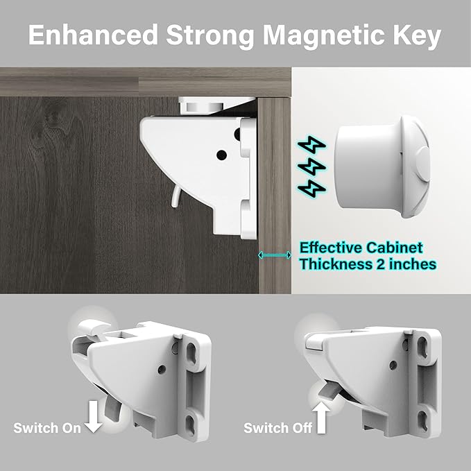 Magnetic Cabinet Locks (6-Packs 1 Key), Baby Proofing Drawer Lock, Multi-Purpose Cupboard Drawers Latches, Safe & Easy Install, Strong Adhesive, No Screws or Tools Needed.