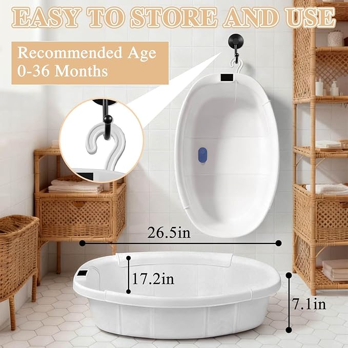 Baby Bathtub, Baby Bath Tub with Thermometer & Soft Cushion, Collapsible Infant Bathtub for Newborn to Toddler 0-36 Months, Quick Use & Portable for Travel(White)