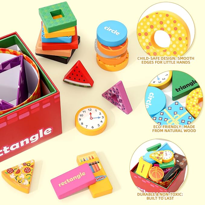 Atoylink Montessori Toys Shape Sorter for Toddlers, Wooden Stacking Blocks Nesting Boxes Baby Everyday Objects Shape Sorting Toys Matching Games, Preschool Learning Toys for 1 2 3 Year Old Boys Girls