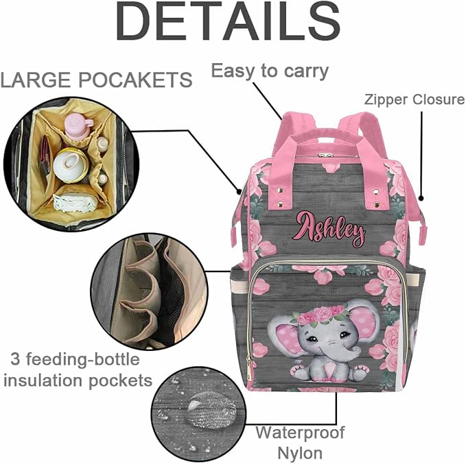 M YESCUSTOM Bags with Name Custom Pink Flower Diaper Bag Backpack Personalized Nappy Mommy Bags for Men Women