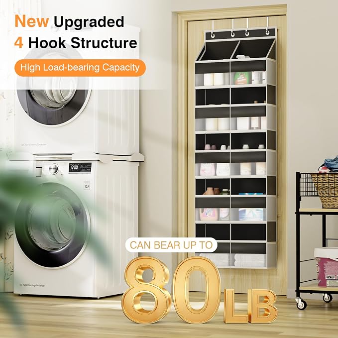 Over the Door Organizer 5 Tiers, Extra Large Behind Door Storage of 10 Big Front 10 Mesh Pockets, 80 lbs Door Organizer Hanging Heavy Duty Over the Door Storag for Closet Bedroom Nursery Pantry Black