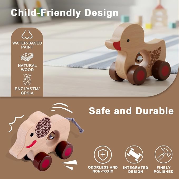 Wooden Animal Rattle with Bell - Baby Toys 6-12 Months & Toddler Toys 1-3 Years | Montessori Sensory Shakers, Nursery Decor Gift Set (Dog, Duck, Elephant)