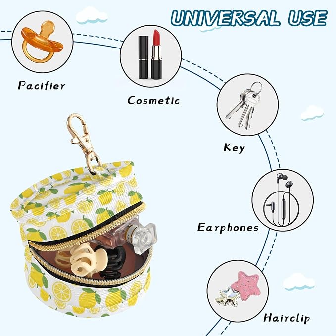 Baby Pacifier Case with Clip, Lemon Pattern Portable Pacifier Holder, TPU Lined Dust-Proof Storage Pouch for Diaper Bag and Stroller