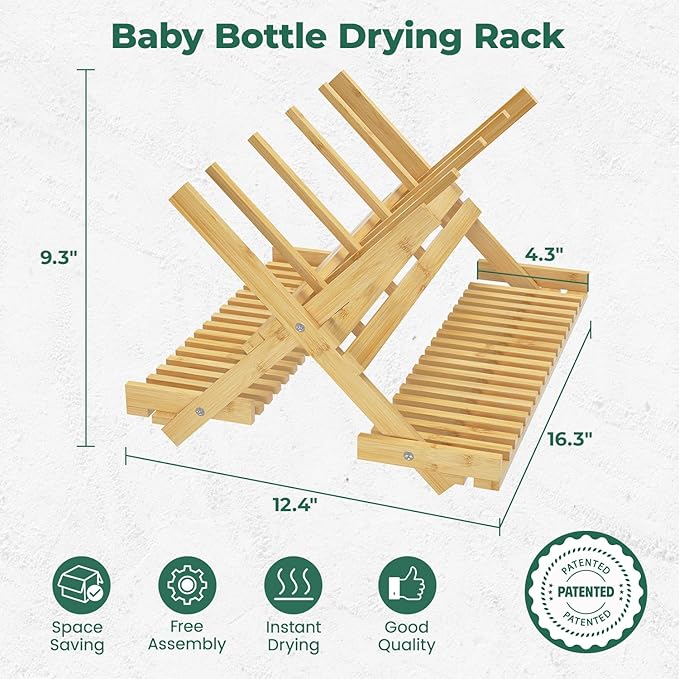 EsLuker.ly Baby Bottle Drying Rack, Bamboo Vertical Dryer Holder Organizer for Kitchen Countertop, Space Saving Foldable Baby Glass Milk Bottle Drain Storage Shelf for New Parents Family, No Assembly