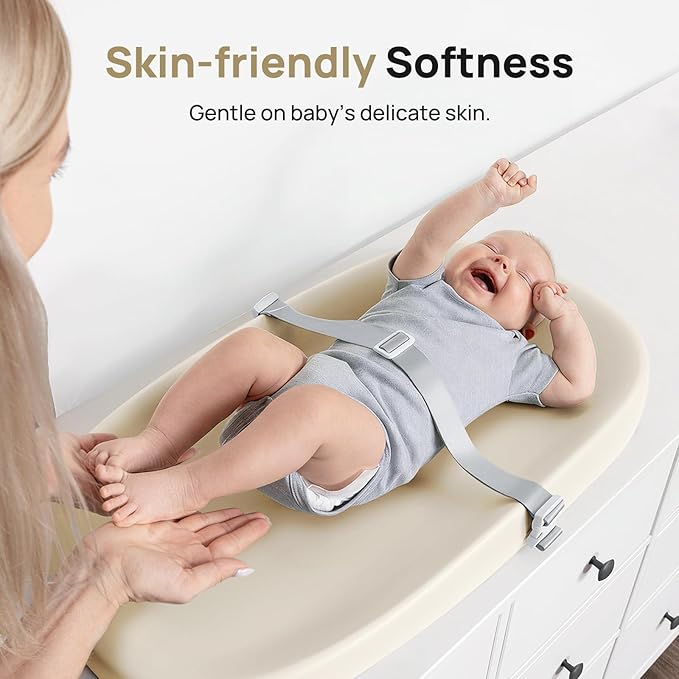 Papablic Baby Changing Pad ??Soft & Wipeable Diaper Changing Table Mat for Dresser Bed Sofa, Built-in Safety Belt, Non-Slip, Waterproof, Easy to Clean ??Ideal Gift for New Parents (Beige)