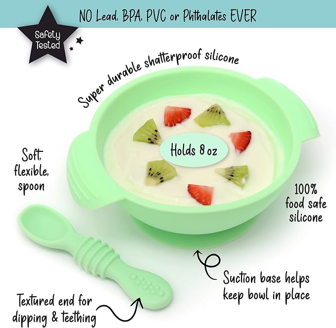 PrimaStella Unbreakable Silicone Non-Slip Bowl and Chew Spoon Set for Babies and Toddlers (Green)