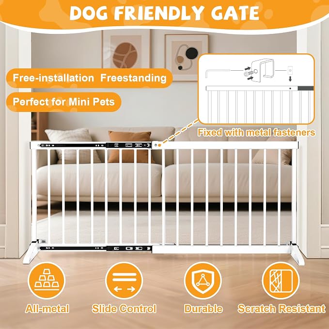 White Metal Dog Gate for Small Dogs - 17.7" Short Freestanding Puppy Gate with Retractable Sliding Rail, No Installation, Indoor/Outdoor Use, Foldable & Portable Pet Barrier