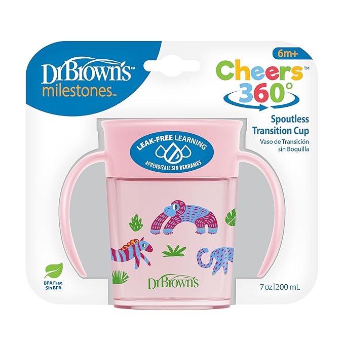 Dr. Brown's Milestones Cheers 360 Spoutless Transition Cup with Handles, Travel Friendly and Leak Free Sippy for Babies and Toddlers, Pink Animals, BPA-Free, 7 oz/200 mL, 6m+, 1-Pack