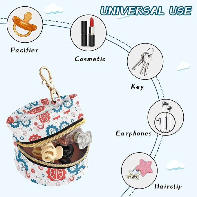 Basketballs Gears White Print Pacifier Holder Case for Diaper Bag Portable Travel Pacifier Storage Case with Clip Newborn Baby Pouch for Baby Boys Girls Outdoor Purse