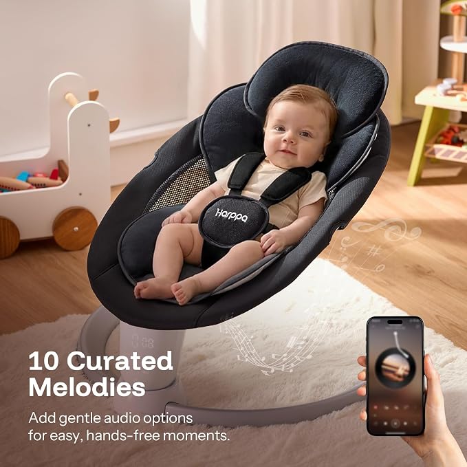 HARPPA Weddell Electric Baby Swing for Infants, 5-Point Harness, 5 Motion Levels, Remote & Touch Control, Built-in Melodies, Portable Baby Swing for Indoor Use,Matte Black